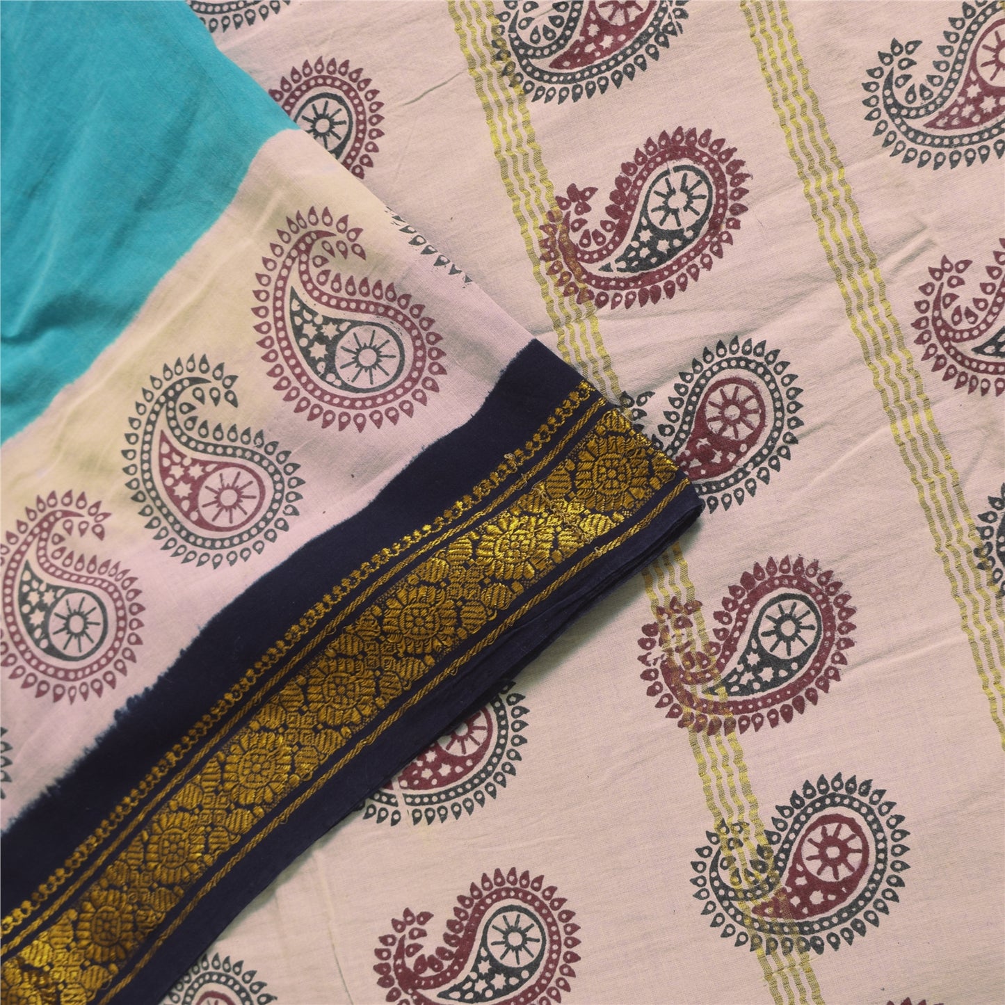 Sanskriti Vintage Sarees Blue Pure Cotton Hand Block Printed Sari 5+yd Sustainable Fabric