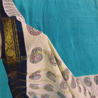 Sanskriti Vintage Sarees Blue Pure Cotton Hand Block Printed Sari 5+yd Sustainable Fabric