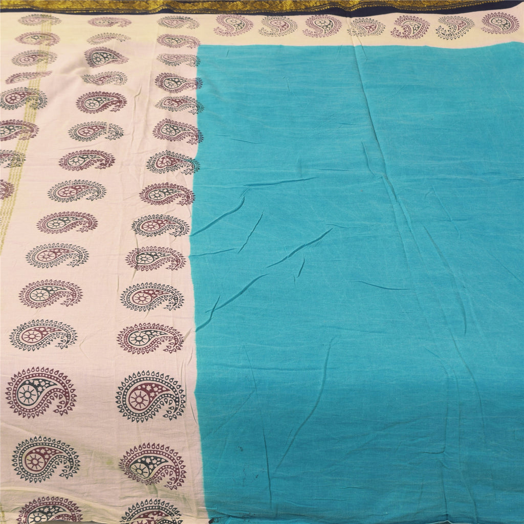 Sanskriti Vintage Sarees Blue Pure Cotton Hand Block Printed Sari 5+yd Sustainable Fabric