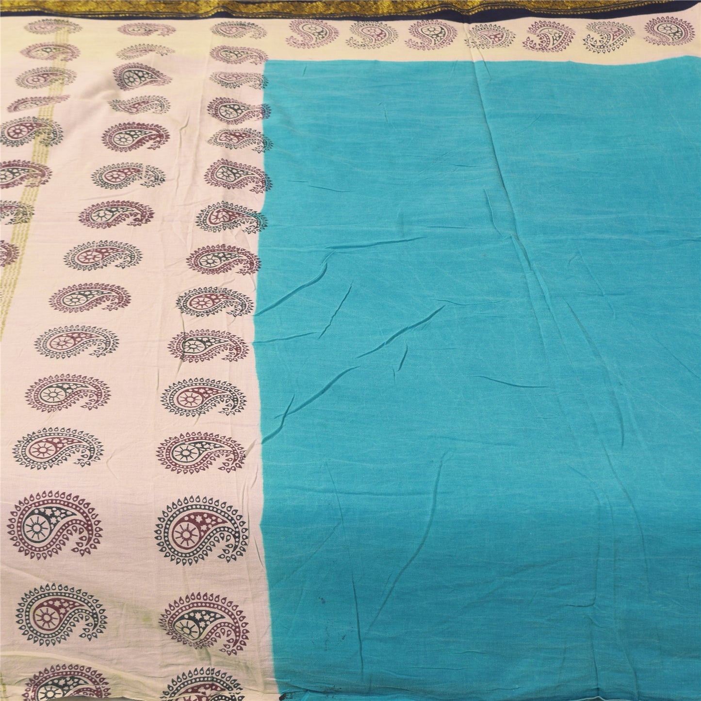 Sanskriti Vintage Sarees Blue Pure Cotton Hand Block Printed Sari 5+yd Sustainable Fabric