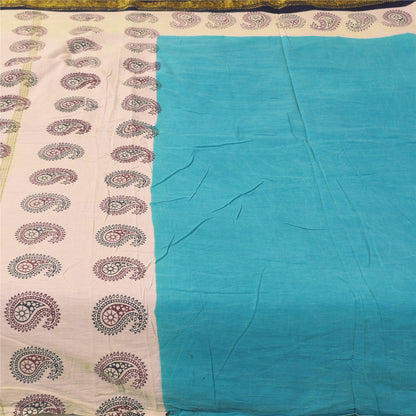 Sanskriti Vintage Sarees Blue Pure Cotton Hand Block Printed Sari 5+yd Sustainable Fabric