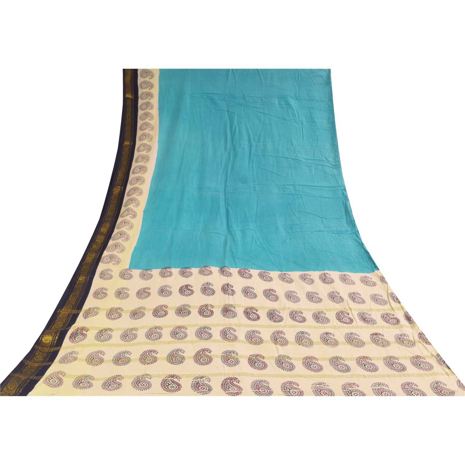 Sanskriti Vintage Sarees Blue Pure Cotton Hand Block Printed Sari 5+yd Sustainable Fabric