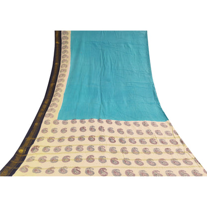 Sanskriti Vintage Sarees Blue Pure Cotton Hand Block Printed Sari 5+yd Sustainable Fabric