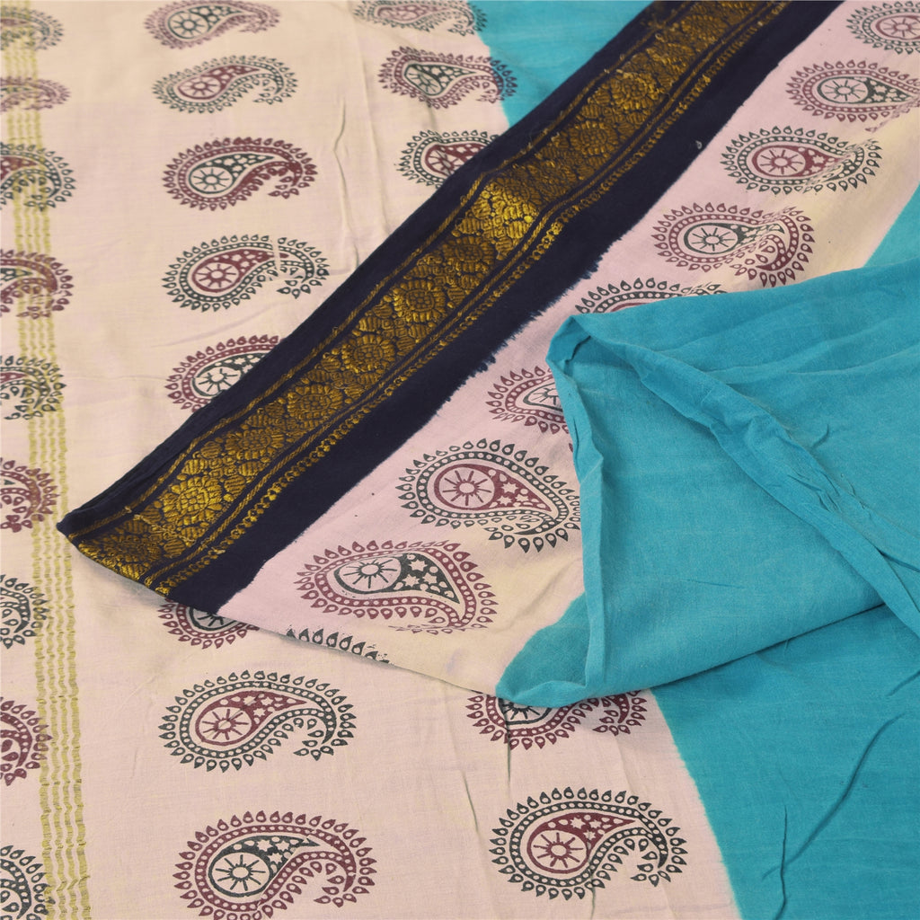 Sanskriti Vintage Sarees Blue Pure Cotton Hand Block Printed Sari 5+yd Sustainable Fabric