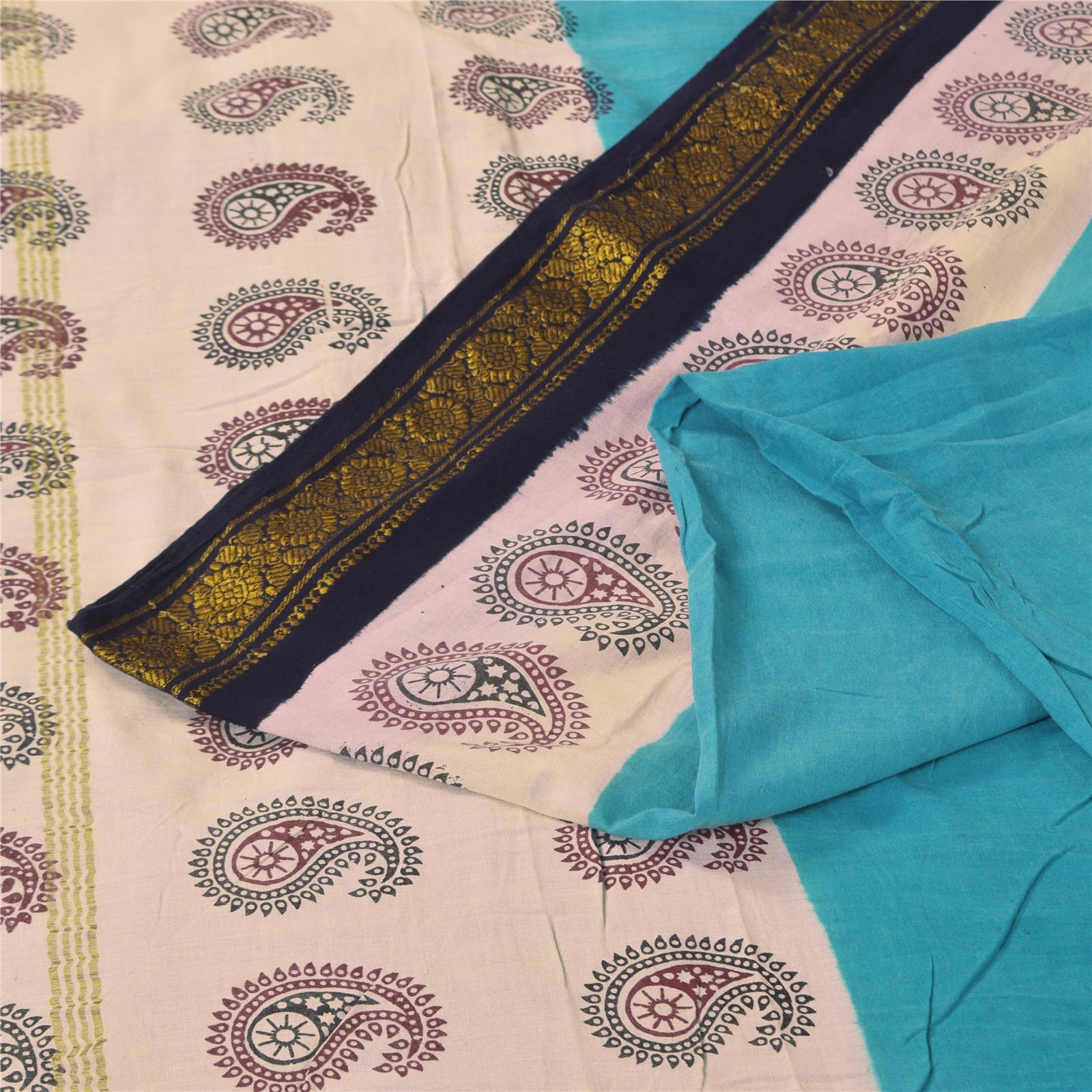 Sanskriti Vintage Sarees Blue Pure Cotton Hand Block Printed Sari 5+yd Sustainable Fabric