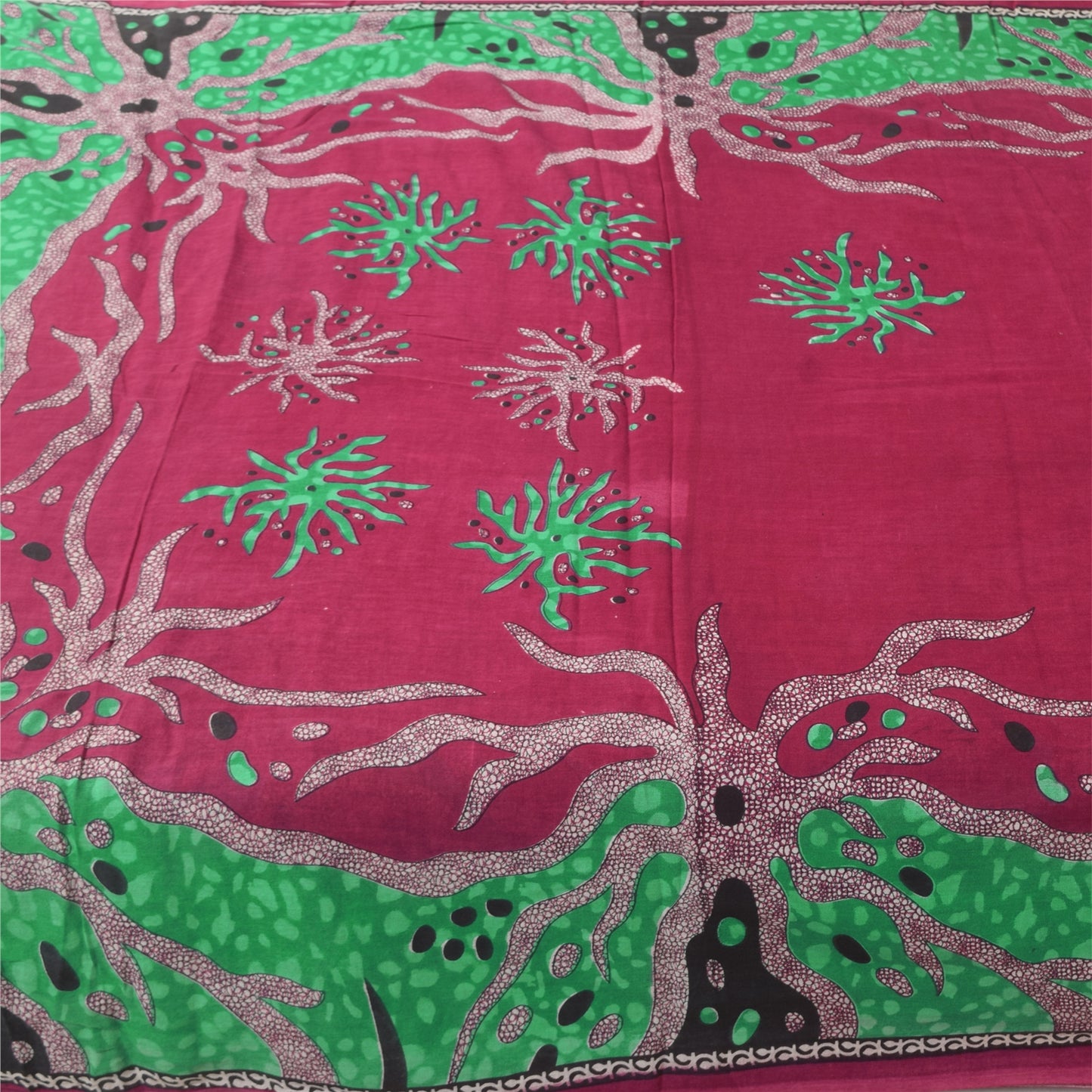 Sanskriti Vintage Sarees Red/Green Pure Cotton Printed Sari 5+yd Craft Sustainable Fabric
