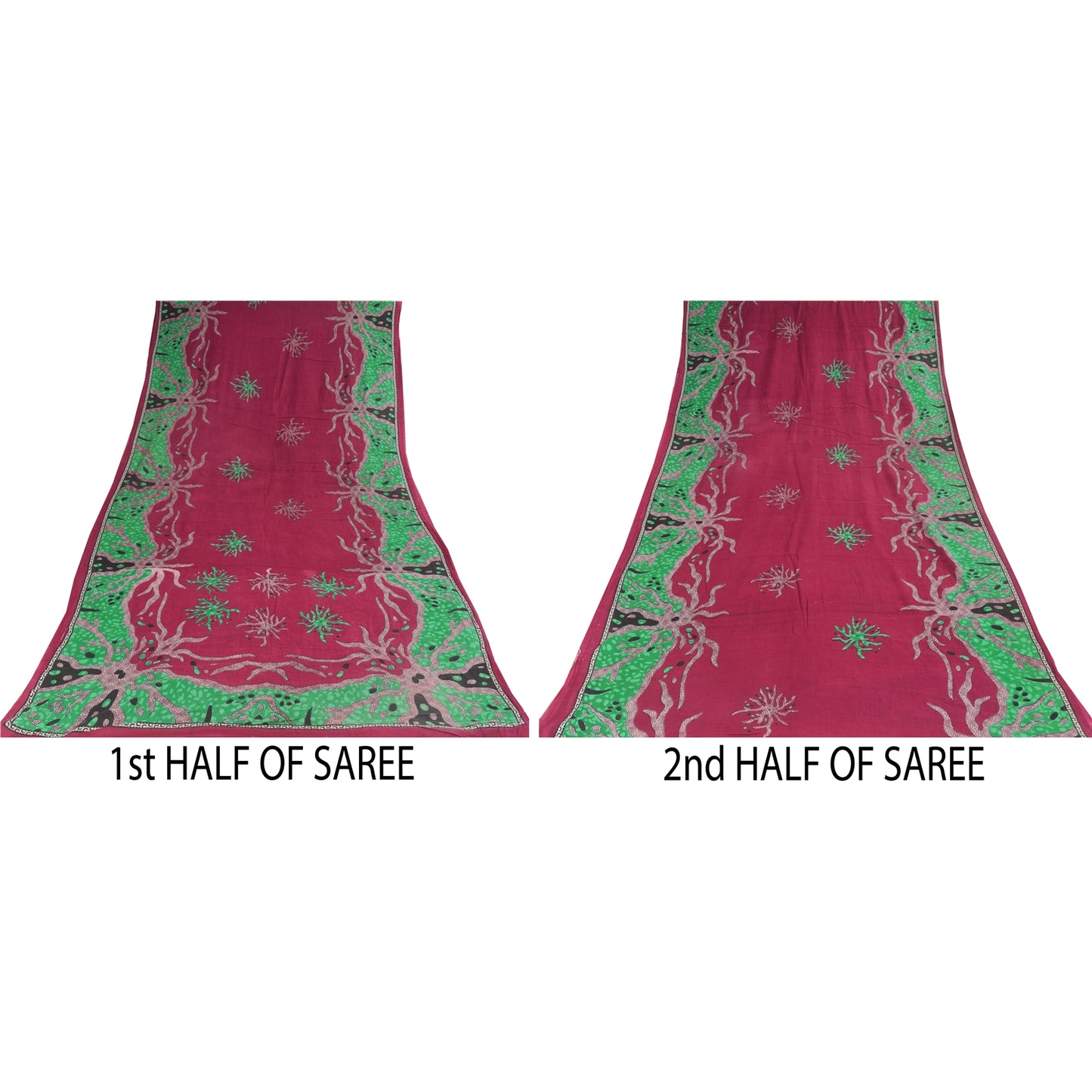 Sanskriti Vintage Sarees Red/Green Pure Cotton Printed Sari 5+yd Craft Sustainable Fabric