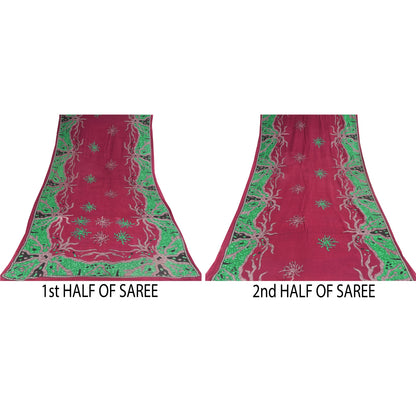 Sanskriti Vintage Sarees Red/Green Pure Cotton Printed Sari 5+yd Craft Sustainable Fabric