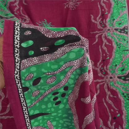 Sanskriti Vintage Sarees Red/Green Pure Cotton Printed Sari 5+yd Craft Sustainable Fabric