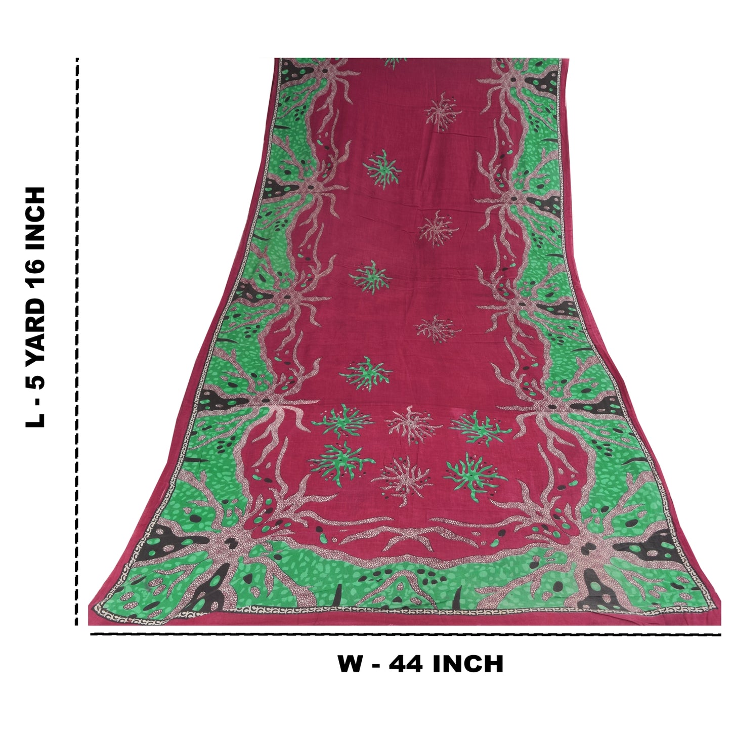 Sanskriti Vintage Sarees Red/Green Pure Cotton Printed Sari 5+yd Craft Sustainable Fabric