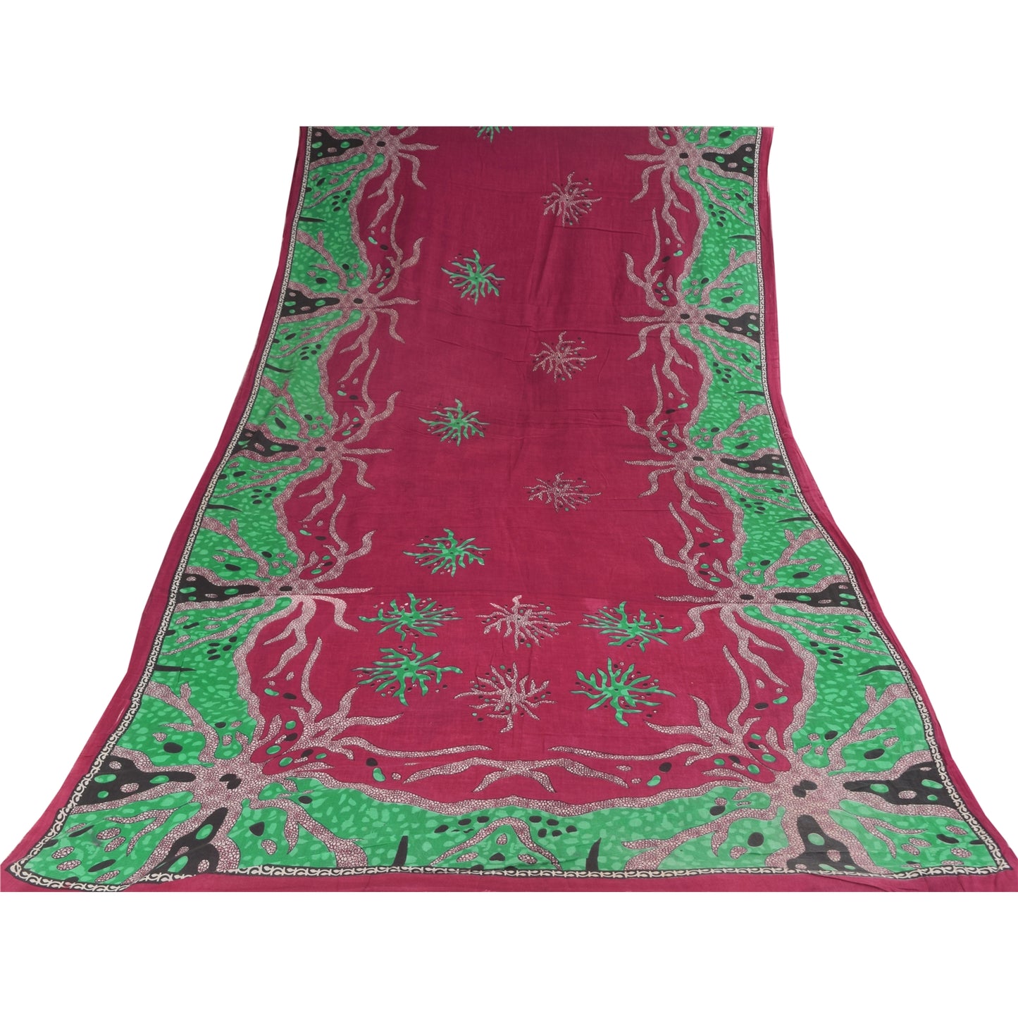 Sanskriti Vintage Sarees Red/Green Pure Cotton Printed Sari 5+yd Craft Sustainable Fabric