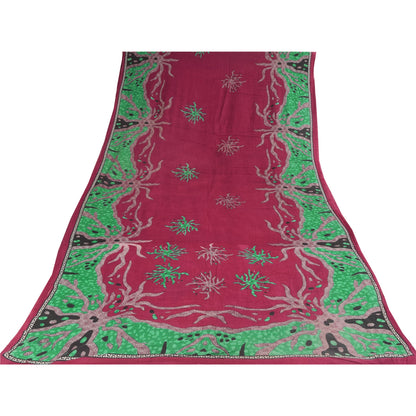 Sanskriti Vintage Sarees Red/Green Pure Cotton Printed Sari 5+yd Craft Sustainable Fabric