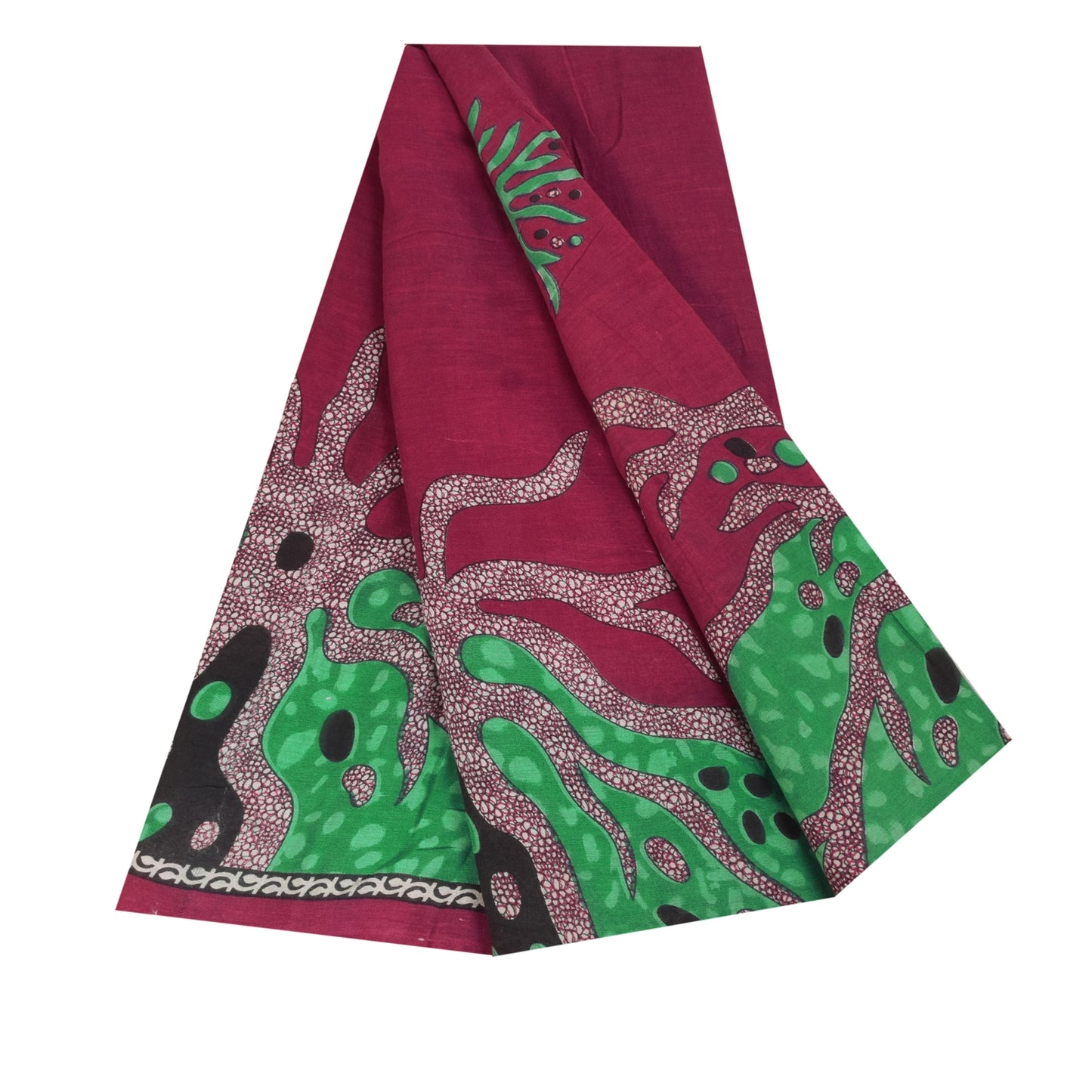 Sanskriti Vintage Sarees Red/Green Pure Cotton Printed Sari 5+yd Craft Sustainable Fabric
