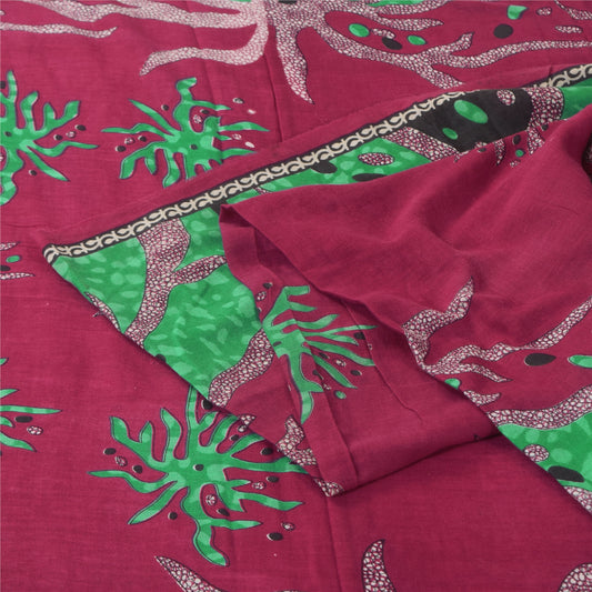 Sanskriti Vintage Sarees Red/Green Pure Cotton Printed Sari 5+yd Craft Sustainable Fabric