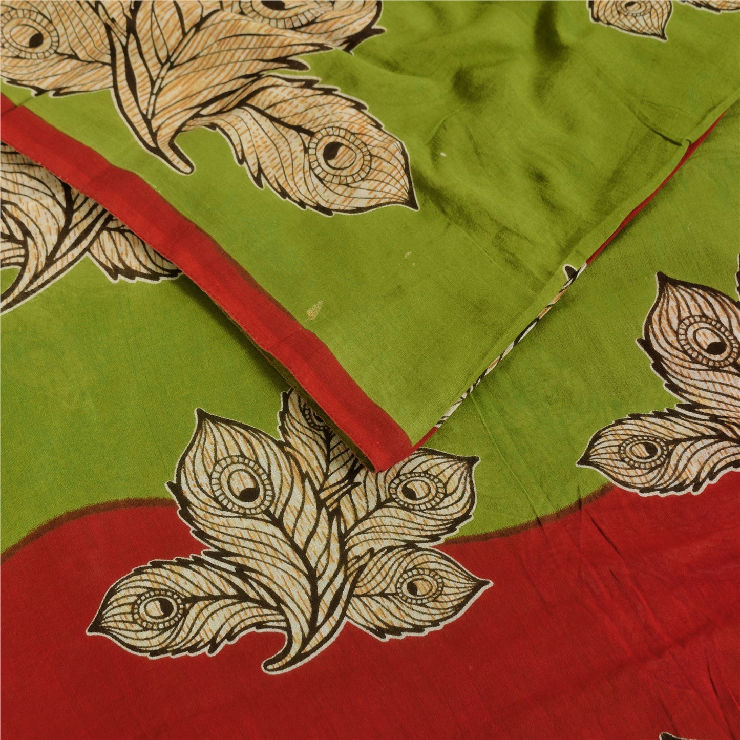 Sanskriti Vintage Sarees Green/Red Pure Cotton Kalamkari Printed Sari Sustainable Fabric