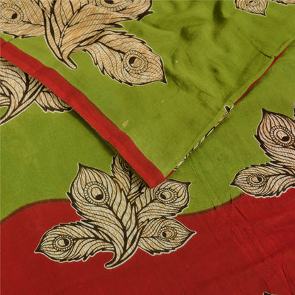 Sanskriti Vintage Sarees Green/Red Pure Cotton Kalamkari Printed Sari Sustainable Fabric