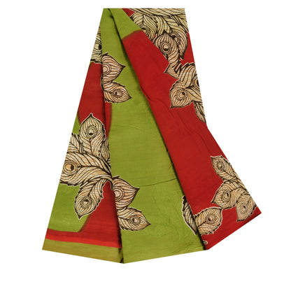Sanskriti Vintage Sarees Green/Red Pure Cotton Kalamkari Printed Sari Sustainable Fabric