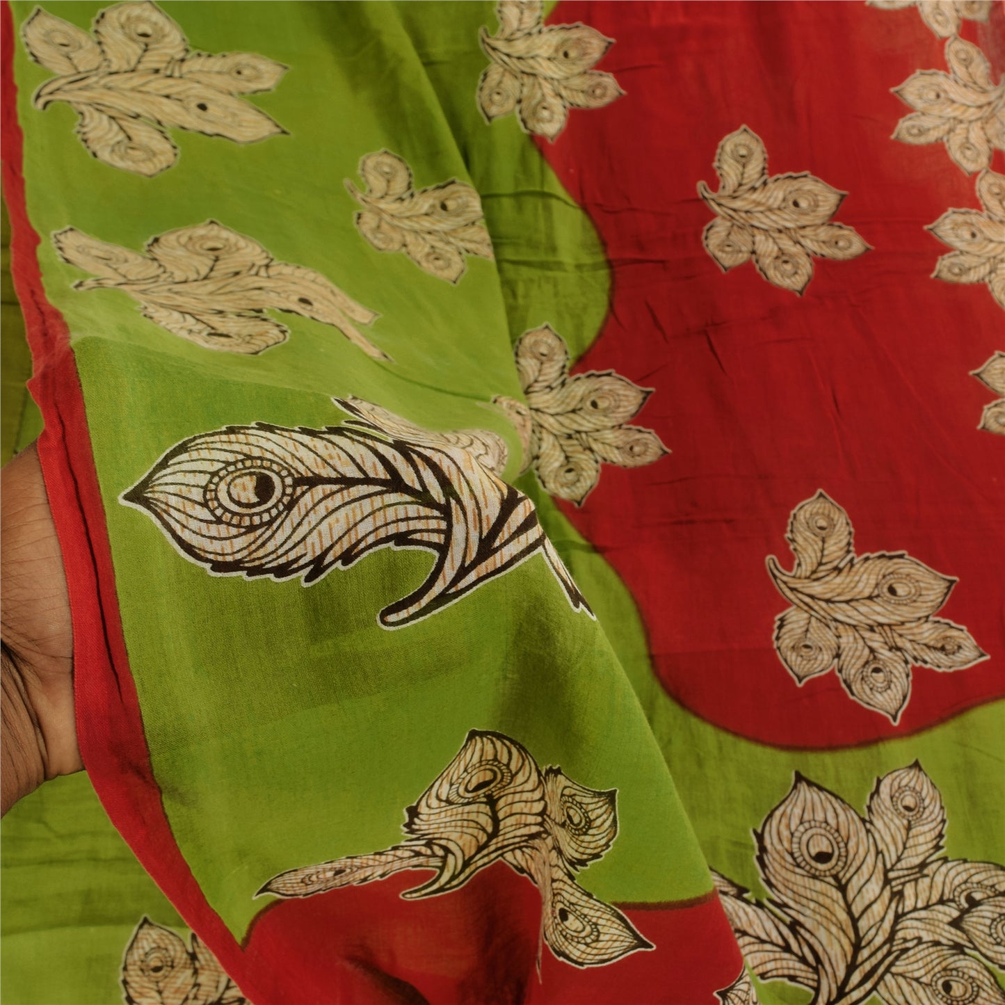 Sanskriti Vintage Sarees Green/Red Pure Cotton Kalamkari Printed Sari Sustainable Fabric