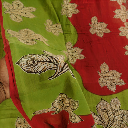Sanskriti Vintage Sarees Green/Red Pure Cotton Kalamkari Printed Sari Sustainable Fabric