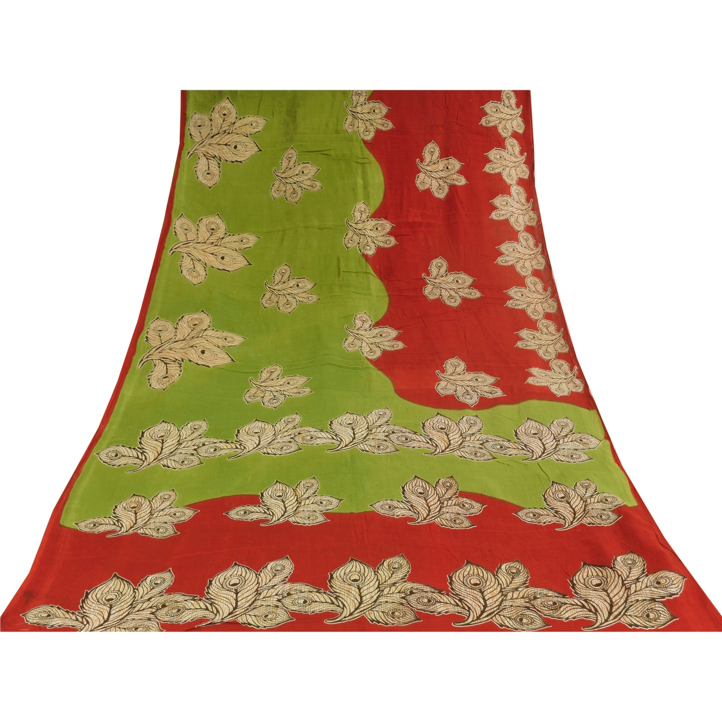 Sanskriti Vintage Sarees Green/Red Pure Cotton Kalamkari Printed Sari Sustainable Fabric