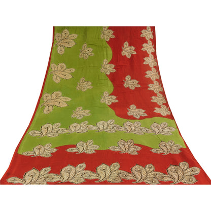 Sanskriti Vintage Sarees Green/Red Pure Cotton Kalamkari Printed Sari Sustainable Fabric