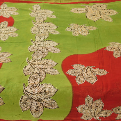 Sanskriti Vintage Sarees Green/Red Pure Cotton Kalamkari Printed Sari Sustainable Fabric