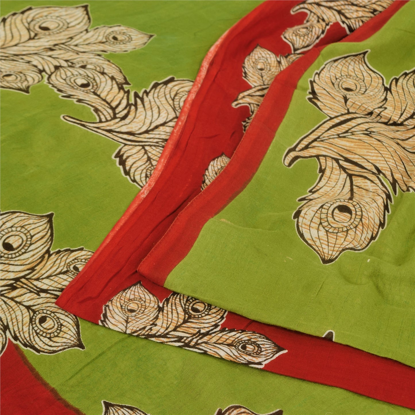 Sanskriti Vintage Sarees Green/Red Pure Cotton Kalamkari Printed Sari Sustainable Fabric