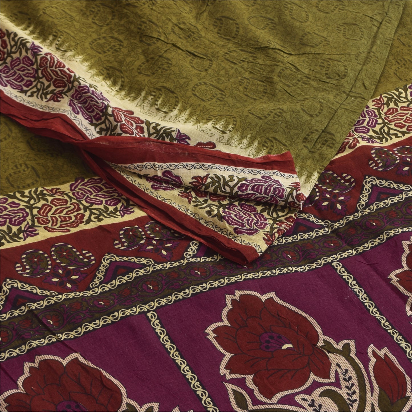 Sanskriti Vintage Sarees Indian Green Pure Cotton Printed Sari 5+yd Craft Sustainable Fabric