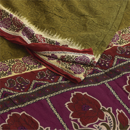 Sanskriti Vintage Sarees Indian Green Pure Cotton Printed Sari 5+yd Craft Sustainable Fabric
