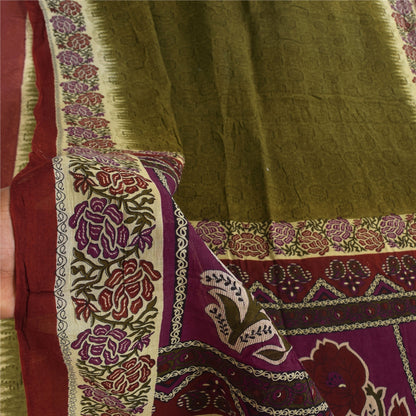Sanskriti Vintage Sarees Indian Green Pure Cotton Printed Sari 5+yd Craft Sustainable Fabric