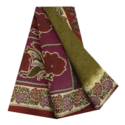 Sanskriti Vintage Sarees Indian Green Pure Cotton Printed Sari 5+yd Craft Sustainable Fabric