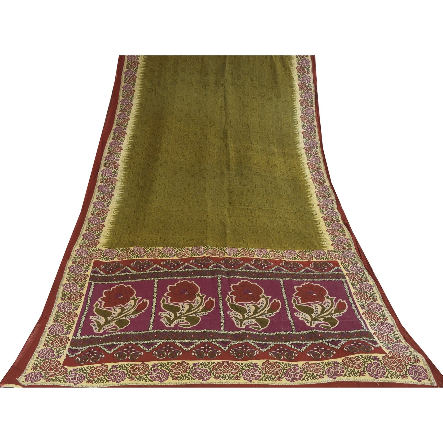 Sanskriti Vintage Sarees Indian Green Pure Cotton Printed Sari 5+yd Craft Sustainable Fabric