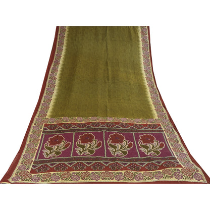 Sanskriti Vintage Sarees Indian Green Pure Cotton Printed Sari 5+yd Craft Sustainable Fabric