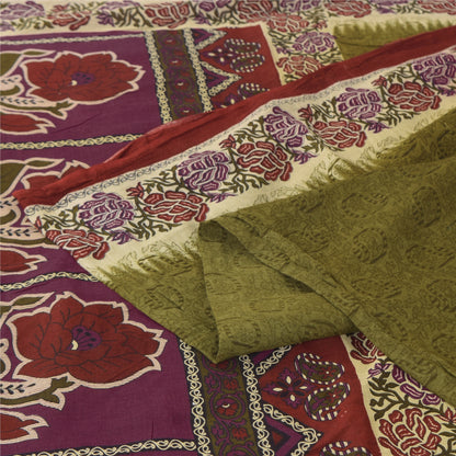 Sanskriti Vintage Sarees Indian Green Pure Cotton Printed Sari 5+yd Craft Sustainable Fabric