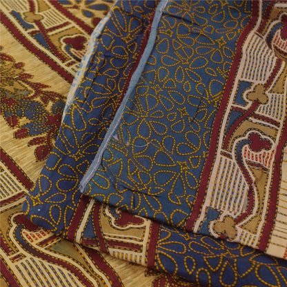 Sanskriti Vintage Sarees Cream/Blue Pure Cotton Printed Sari 5+yd Craft Sustainable Fabric