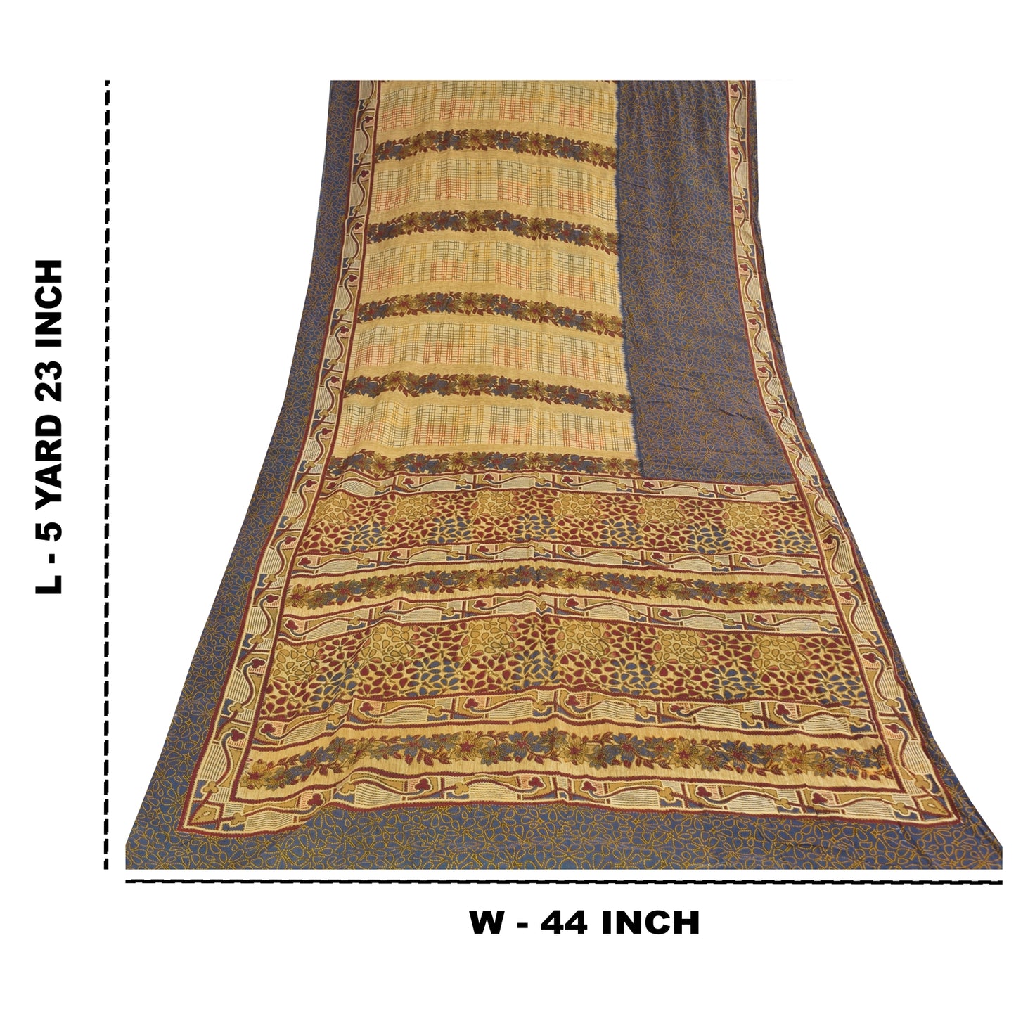 Sanskriti Vintage Sarees Cream/Blue Pure Cotton Printed Sari 5+yd Craft Sustainable Fabric