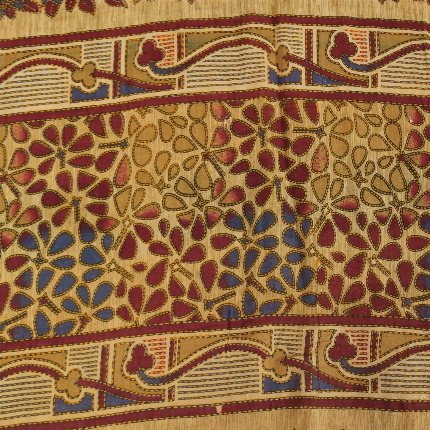 Sanskriti Vintage Sarees Cream/Blue Pure Cotton Printed Sari 5+yd Craft Sustainable Fabric