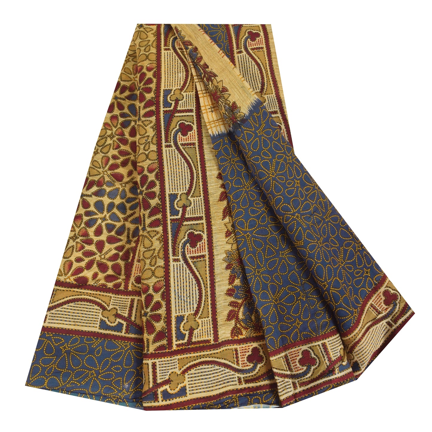 Sanskriti Vintage Sarees Cream/Blue Pure Cotton Printed Sari 5+yd Craft Sustainable Fabric