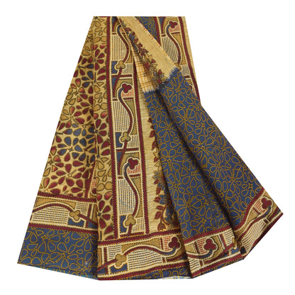 Sanskriti Vintage Sarees Cream/Blue Pure Cotton Printed Sari 5+yd Craft Sustainable Fabric