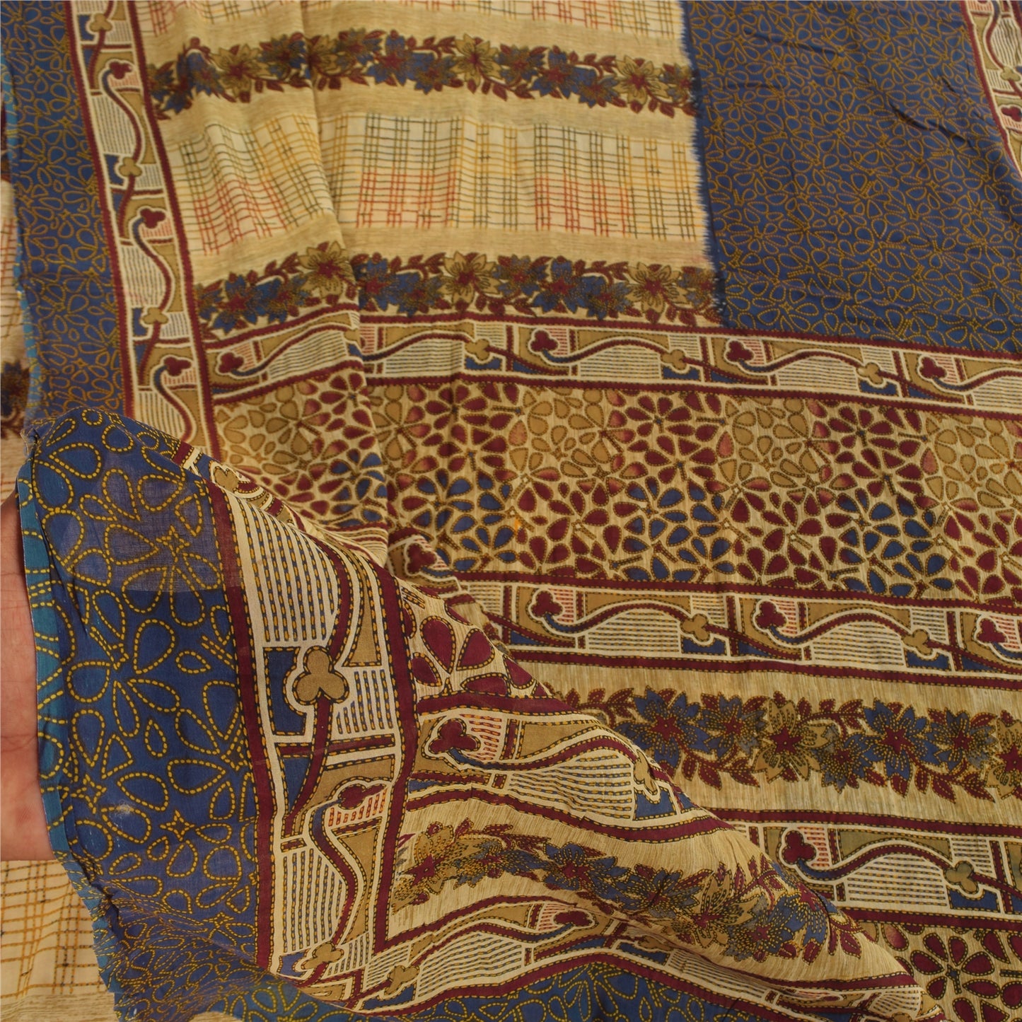 Sanskriti Vintage Sarees Cream/Blue Pure Cotton Printed Sari 5+yd Craft Sustainable Fabric