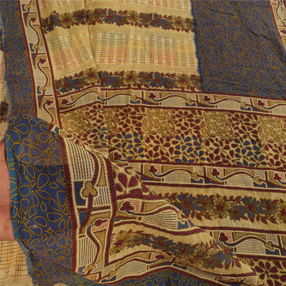 Sanskriti Vintage Sarees Cream/Blue Pure Cotton Printed Sari 5+yd Craft Sustainable Fabric