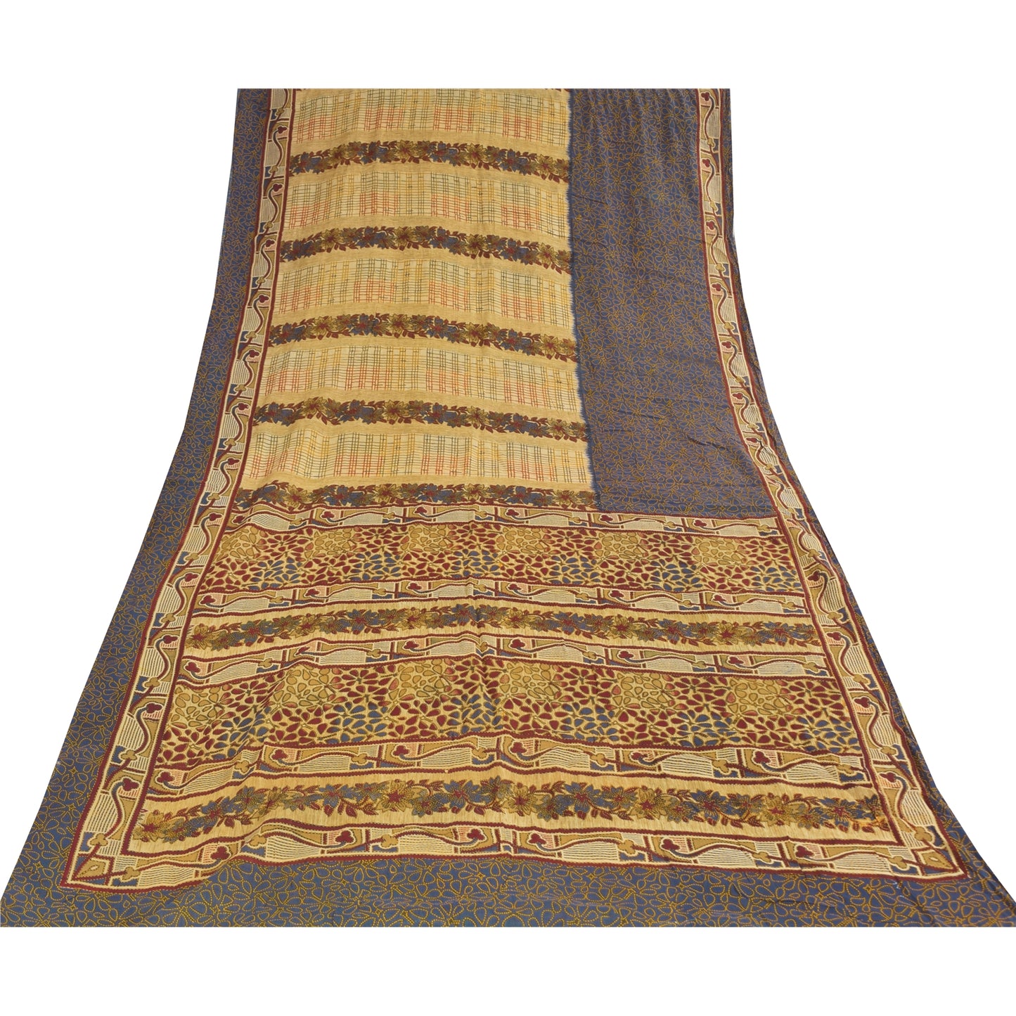 Sanskriti Vintage Sarees Cream/Blue Pure Cotton Printed Sari 5+yd Craft Sustainable Fabric