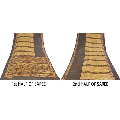 Sanskriti Vintage Sarees Cream/Blue Pure Cotton Printed Sari 5+yd Craft Sustainable Fabric