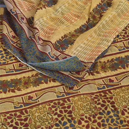Sanskriti Vintage Sarees Cream/Blue Pure Cotton Printed Sari 5+yd Craft Sustainable Fabric