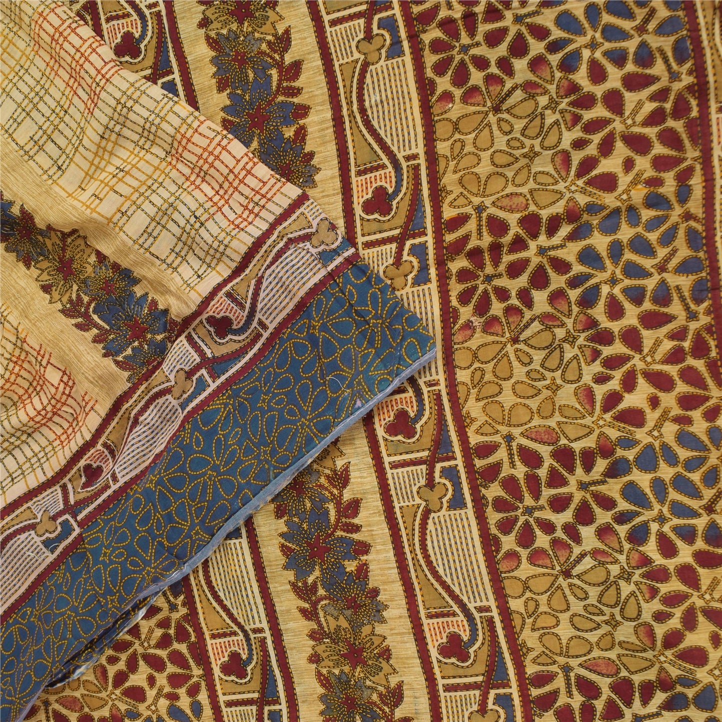 Sanskriti Vintage Sarees Cream/Blue Pure Cotton Printed Sari 5+yd Craft Sustainable Fabric