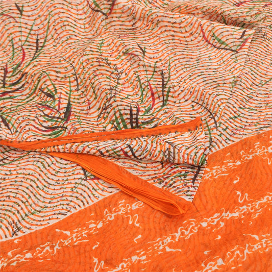 Sanskriti Vintage Sarees Indian Cream Pure Cotton Printed Sari 5+yd Craft Sustainable Fabric