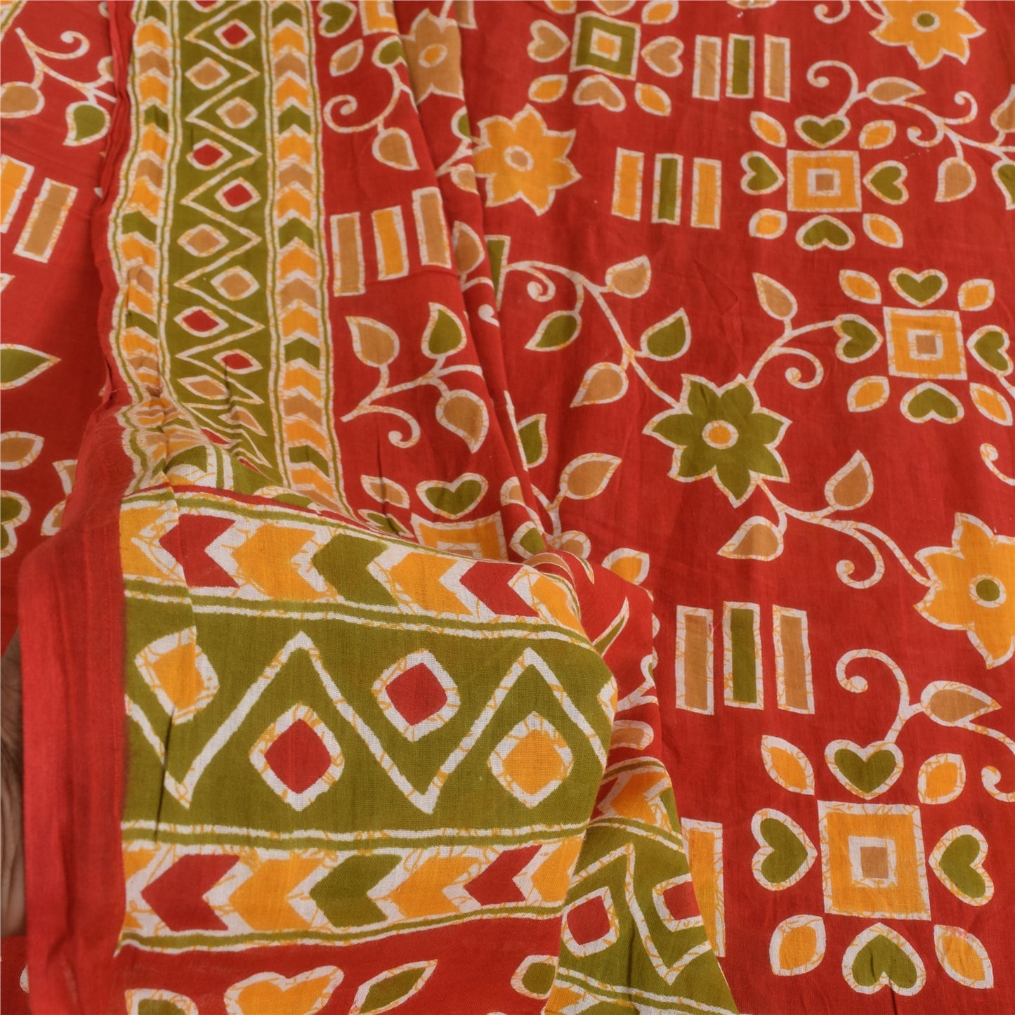 Sanskriti Vintage Sarees Indian Red Pure Cotton Printed Sari 5+yd Craft Sustainable Fabric