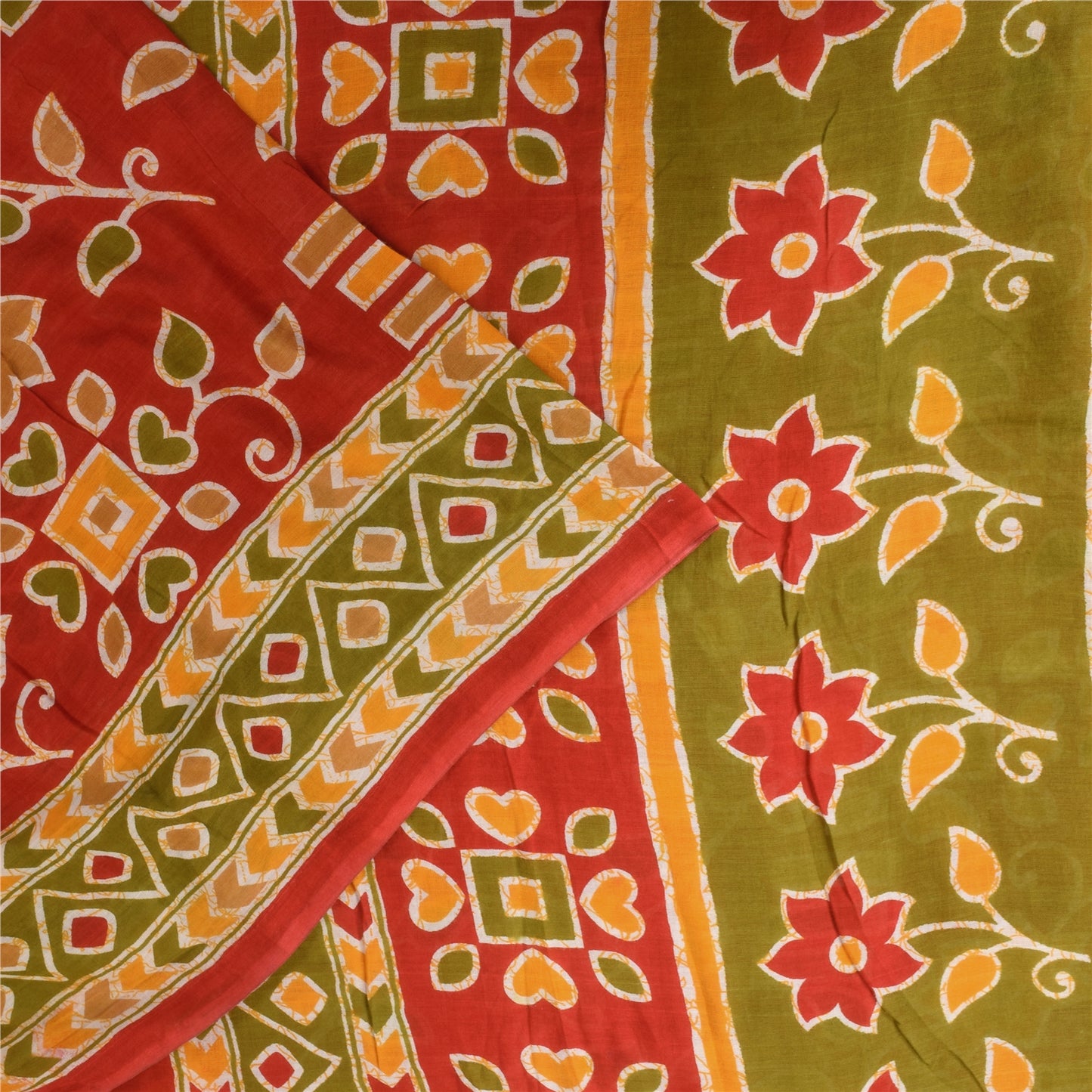 Sanskriti Vintage Sarees Indian Red Pure Cotton Printed Sari 5+yd Craft Sustainable Fabric