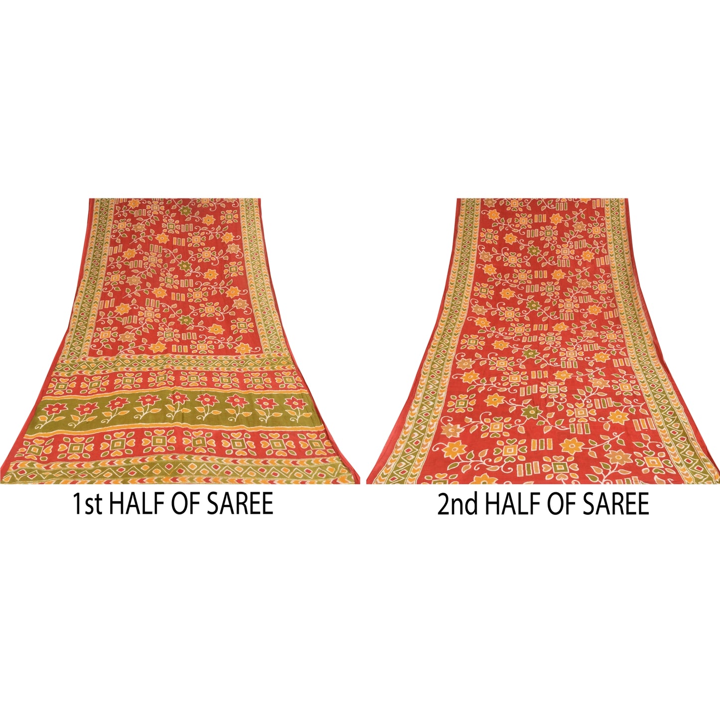 Sanskriti Vintage Sarees Indian Red Pure Cotton Printed Sari 5+yd Craft Sustainable Fabric