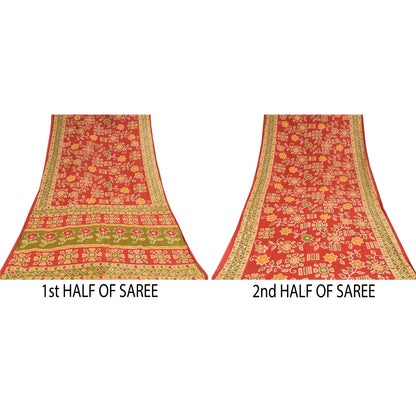 Sanskriti Vintage Sarees Indian Red Pure Cotton Printed Sari 5+yd Craft Sustainable Fabric